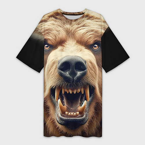 Женская длинная футболка Морда свирепого русского медведя - нейросеть / 3D-принт – фото 1