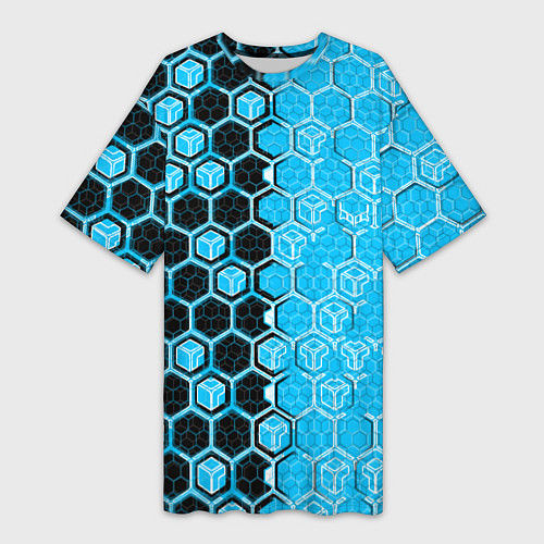 Женская длинная футболка Техно-киберпанк шестиугольники голубой и чёрный / 3D-принт – фото 1
