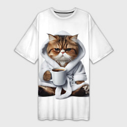 Футболка женская длинная Котик в халате и кофе, цвет: 3D-принт
