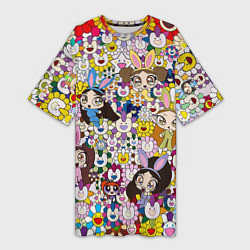 Футболка женская длинная Right now NewJeans and Takashi Murakami, цвет: 3D-принт
