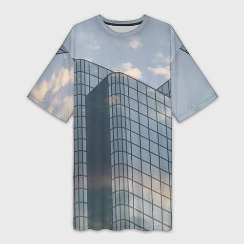 Женская длинная футболка Городское небо и зеркальная многоэтажка / 3D-принт – фото 1