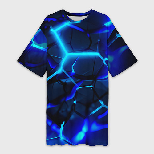 Женская длинная футболка Яркие голубые неоновые плиты в разломе / 3D-принт – фото 1