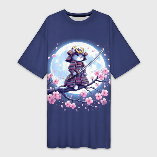 Женская длинная футболка Котёнок самурай - цветущая сакура / 3D-принт – фото 1