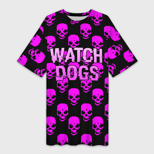 Женская длинная футболка Watch dogs neon skull / 3D-принт – фото 1