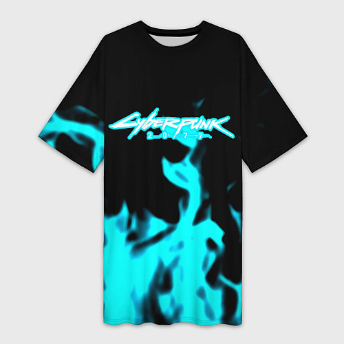 Женская длинная футболка Cyberpunk neon flame / 3D-принт – фото 1