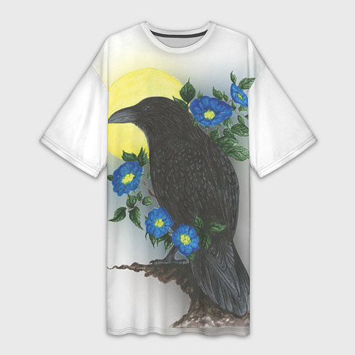 Женская длинная футболка Чёрный ворон на ветке / 3D-принт – фото 1