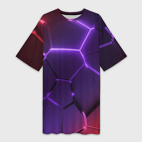 Женская длинная футболка Красно-фиолетовые неоновые плиты в разломе / 3D-принт – фото 1