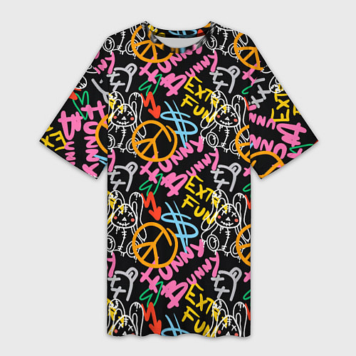 Женская длинная футболка Funny bunny color graffiti pattern / 3D-принт – фото 1