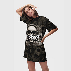 Футболка женская длинная Slipknot на фоне черепа в очках и наушниках, цвет: 3D-принт — фото 2