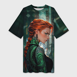 Женская длинная футболка Рыжая девушка с неоновыми татуировками