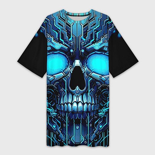 Женская длинная футболка Неоновый кибер череп - нейроарт микросхема / 3D-принт – фото 1