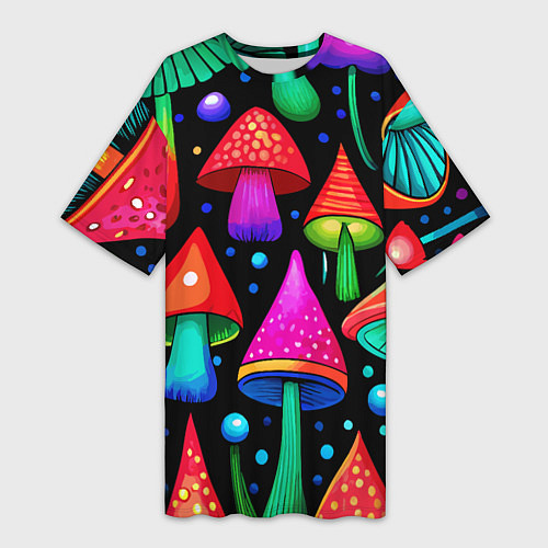 Женская длинная футболка Неоновые мухоморы в горошек / 3D-принт – фото 1