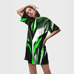 Футболка женская длинная Зелёно-белая абстракция и чёрный фон, цвет: 3D-принт — фото 2