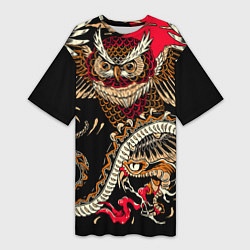 Футболка женская длинная Сова и змея - японский стиль, цвет: 3D-принт