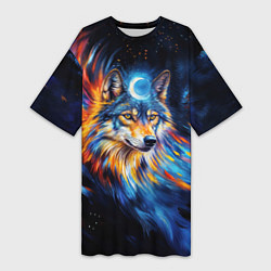Футболка женская длинная Волк и луна - импрессионизм, цвет: 3D-принт