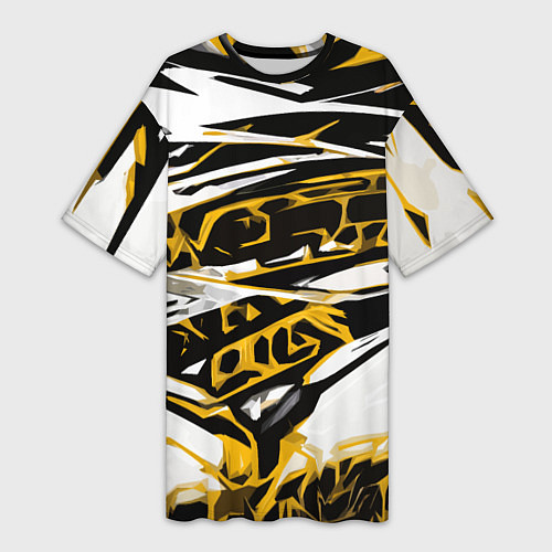Женская длинная футболка Жёлто-чёрная агрессивная абстракция на белом фоне / 3D-принт – фото 1