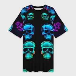 Женская длинная футболка Neon skulls - ai art pattern