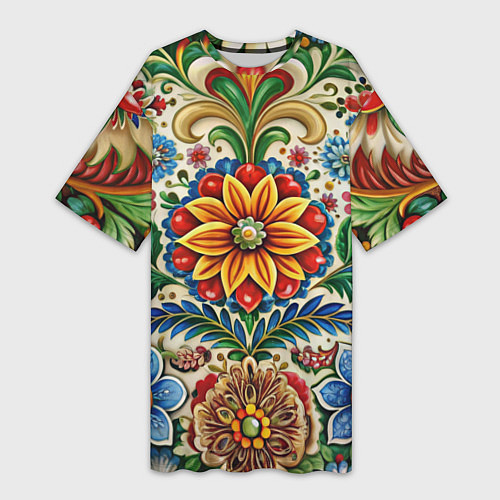 Женская длинная футболка Русские классические узоры и орнамент / 3D-принт – фото 1
