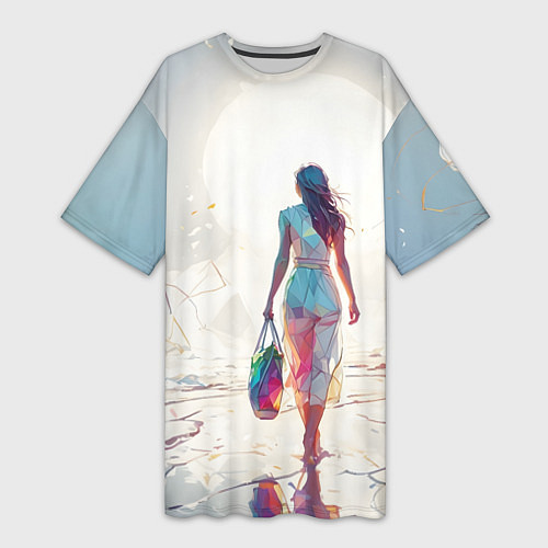 Женская длинная футболка Девушка на фантастическом пляже / 3D-принт – фото 1