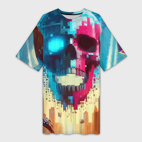 Женская длинная футболка Cool vanguard neon cyber skull - ai art / 3D-принт – фото 1