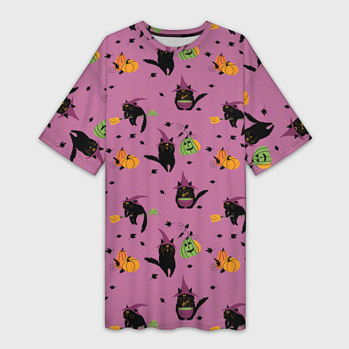 Женская длинная футболка Хэллоуин и кот ведьмы / 3D-принт – фото 1