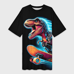 Футболка женская длинная Cool Dino on a skateboard - neon glow fantasy, цвет: 3D-принт