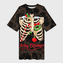 Футболка женская длинная Merry Christmas - skeleton, цвет: 3D-принт