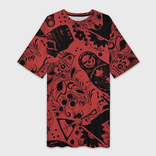 Женская длинная футболка Матрёшка с черепом на фоне славянских узоров и бал / 3D-принт – фото 1
