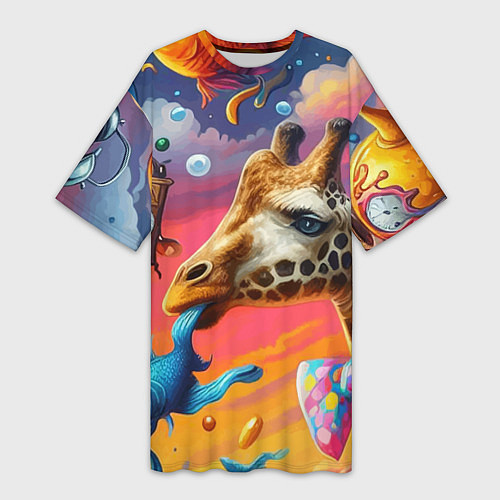 Женская длинная футболка Жираф в бабочке держит во рту рыбу - сюрреализм / 3D-принт – фото 1