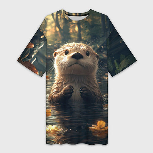 Женская длинная футболка Выдра в летнем пруду / 3D-принт – фото 1