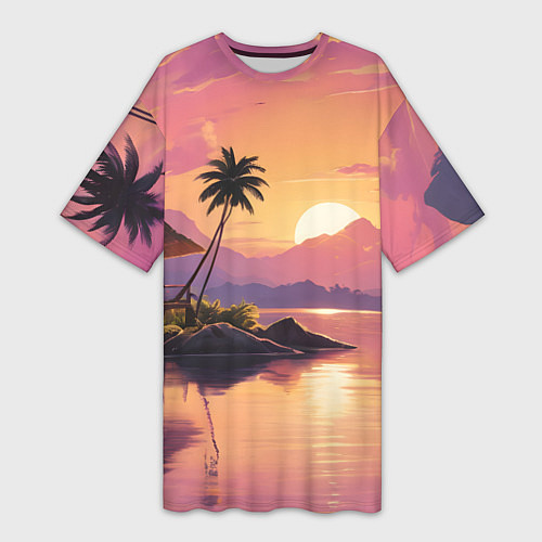 Женская длинная футболка Домик на берегу закат / 3D-принт – фото 1