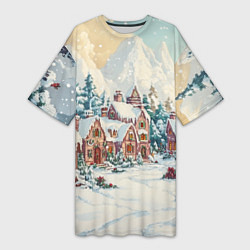 Футболка женская длинная Сказочный новогодний городок, цвет: 3D-принт