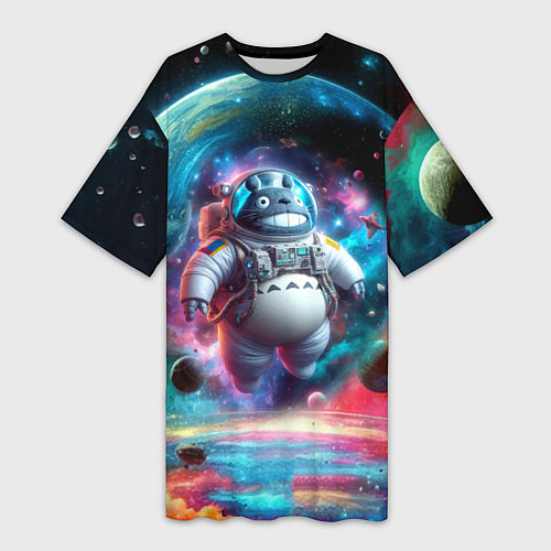 Женская длинная футболка Astronaut Totoro in neon space - ai art fantasy / 3D-принт – фото 1