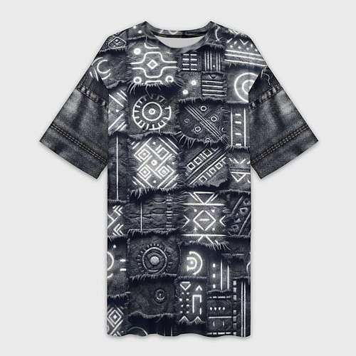 Женская длинная футболка Африканские узоры на пэчворк дениме / 3D-принт – фото 1