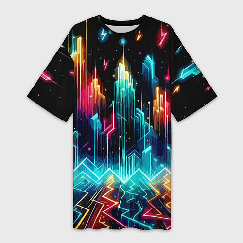 Женская длинная футболка Neon fantastic metropolis - vaporwave / 3D-принт – фото 1