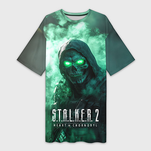 Женская длинная футболка Stalker 2 череп с зелеными глазами / 3D-принт – фото 1