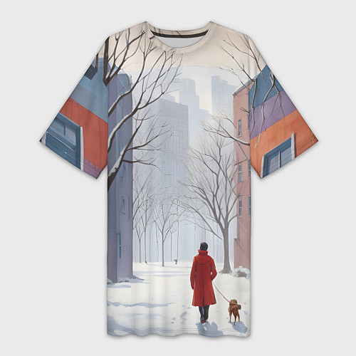 Женская длинная футболка Прогулка зима / 3D-принт – фото 1