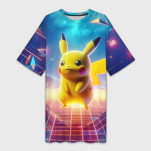 Женская длинная футболка Funny Pikachu - vaporwave / 3D-принт – фото 1