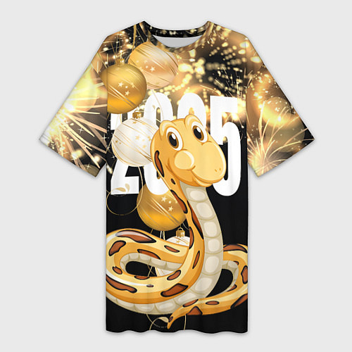 Женская длинная футболка 2025 год - змея и новогодний салют / 3D-принт – фото 1