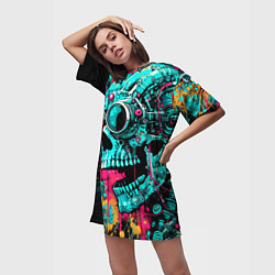 Футболка женская длинная Cyber skull sketch - color blots, цвет: 3D-принт — фото 2