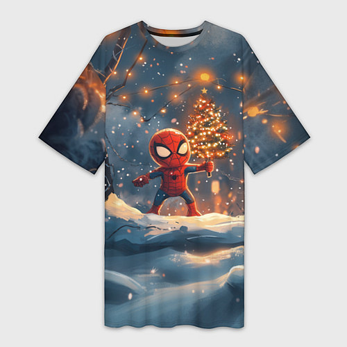 Женская длинная футболка Маленький человек-паук держит елку / 3D-принт – фото 1