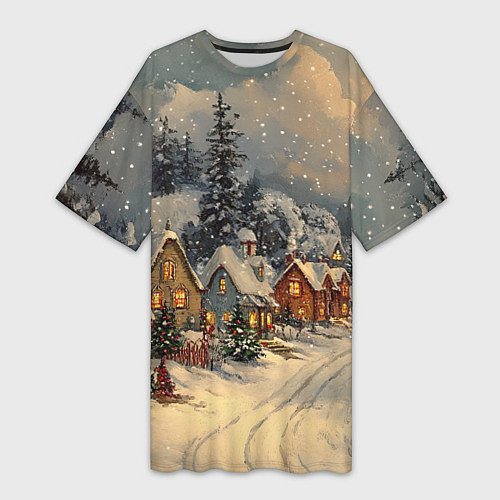 Женская длинная футболка Новогодние зимние домики / 3D-принт – фото 1