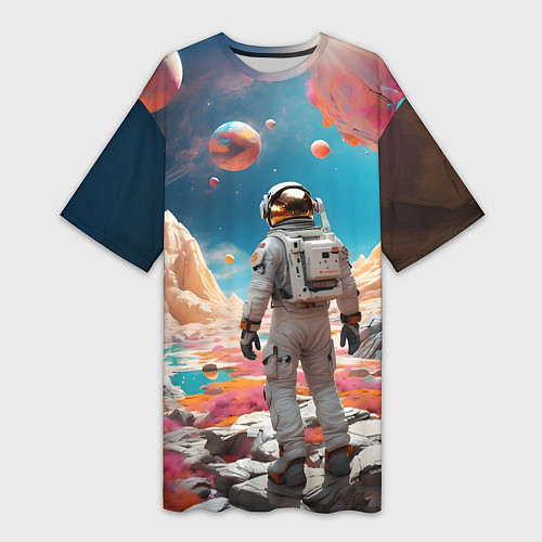Женская длинная футболка Космонавт на розовой планете / 3D-принт – фото 1