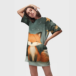 Футболка женская длинная Лисица в новогоднем лесу, цвет: 3D-принт — фото 2