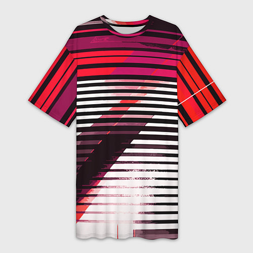 Женская длинная футболка Красно-чёрные полосы на белом фоне / 3D-принт – фото 1