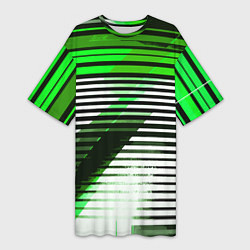 Футболка женская длинная Зелёно-чёрные полосы на белом фоне, цвет: 3D-принт
