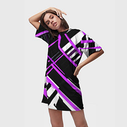 Футболка женская длинная Фиолетово-белые линии на чёрном фоне, цвет: 3D-принт — фото 2