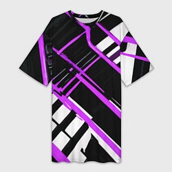 Футболка женская длинная Фиолетово-белые линии на чёрном фоне, цвет: 3D-принт