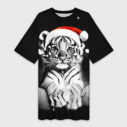 Футболка женская длинная Милый тигрёнок на Рождество, цвет: 3D-принт