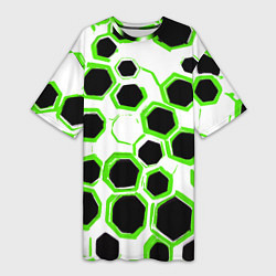 Футболка женская длинная Чёрно-зелёные шестиугольники на белом фоне, цвет: 3D-принт